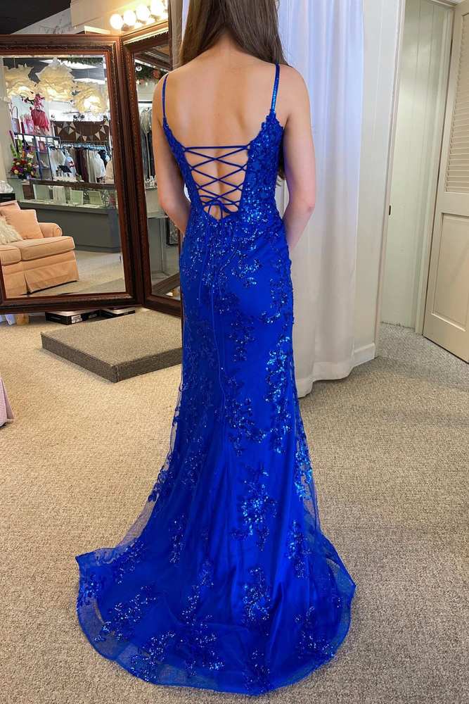 Regal Mermaid Sweetheart Spaghetti-Strap Lace-Up-Back Slit Floor-Length Prom Dress