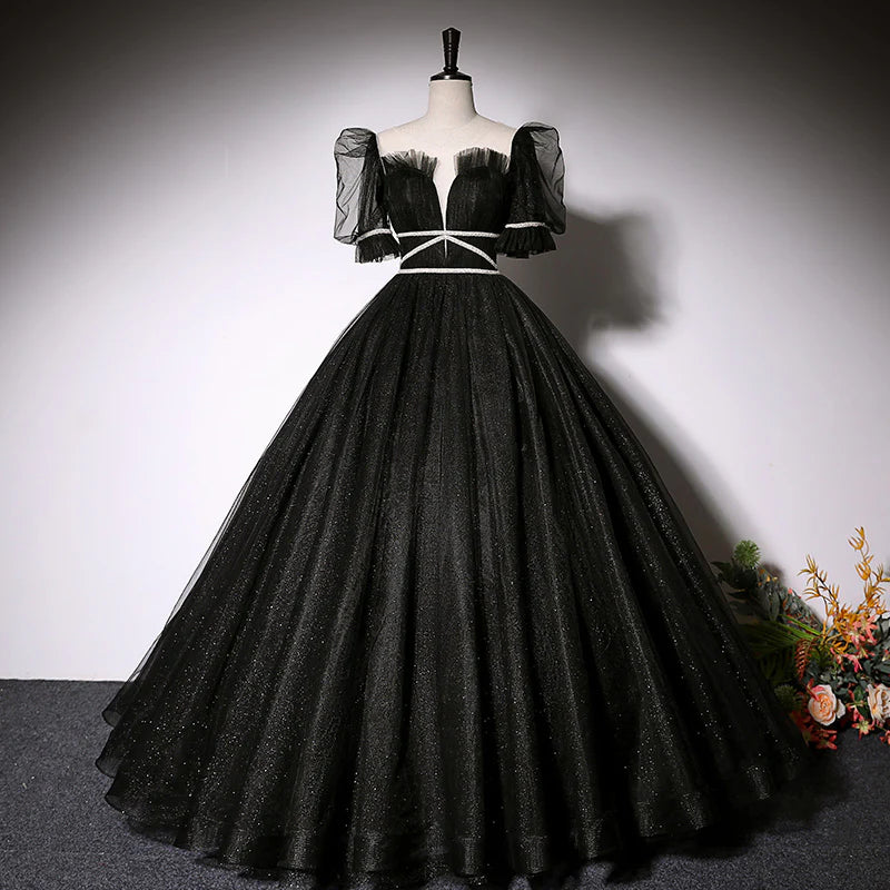 Regal Black Off-the-shoulder Sweetheart Neck Illusion V-neck Tulle Puff Short Sleeve Rhinestone Trim Glitter Tulle Ball Gown Floor-length Evening Dresses