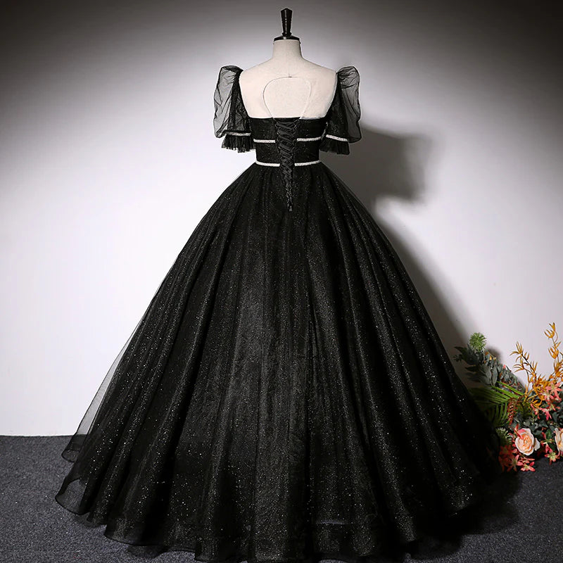 Regal Black Off-the-shoulder Sweetheart Neck Illusion V-neck Tulle Puff Short Sleeve Rhinestone Trim Glitter Tulle Ball Gown Floor-length Evening Dresses