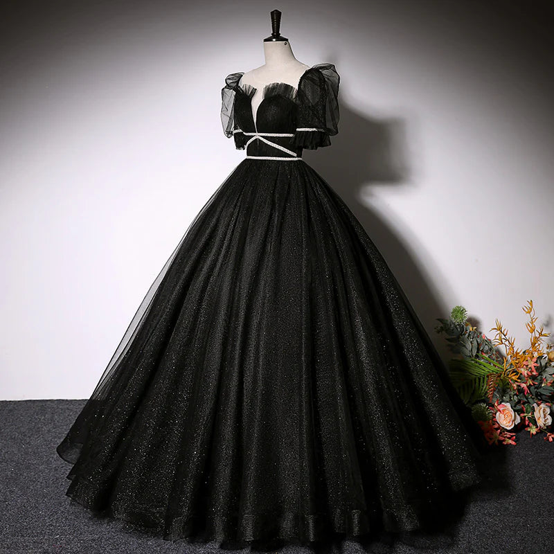 Regal Black Off-the-shoulder Sweetheart Neck Illusion V-neck Tulle Puff Short Sleeve Rhinestone Trim Glitter Tulle Ball Gown Floor-length Evening Dresses