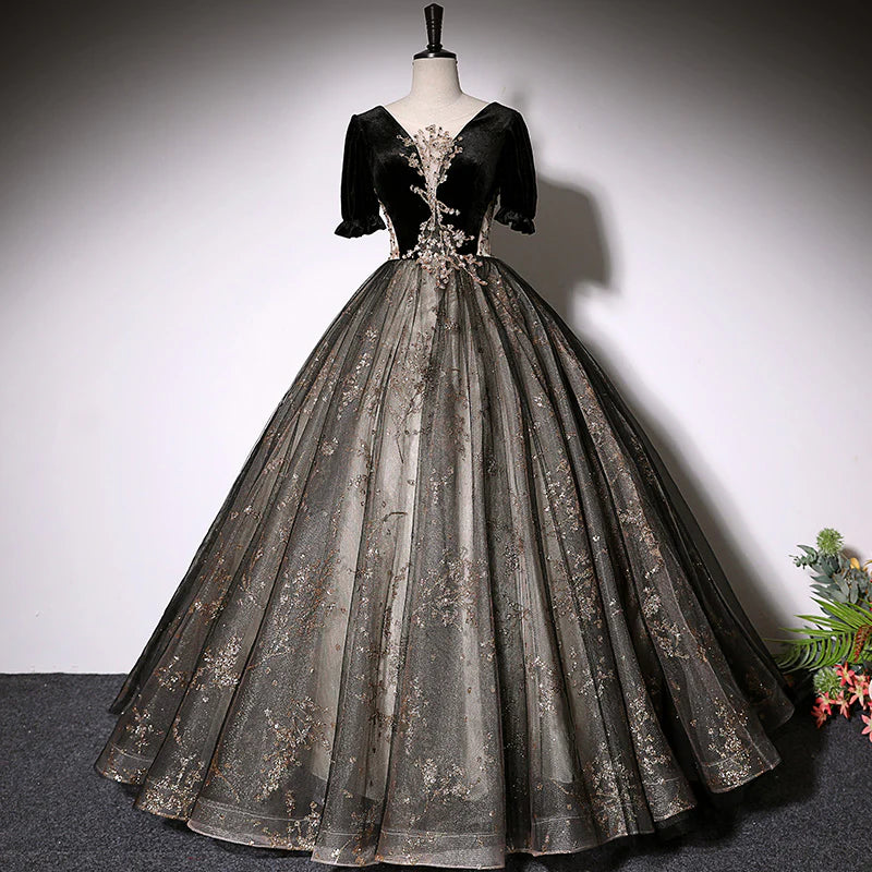 Regal Black Velvet Puff Short Sleeve V-neck Gold Lace Appliqué Glitter Tulle Ball Gown Floor-length Evening Dresses