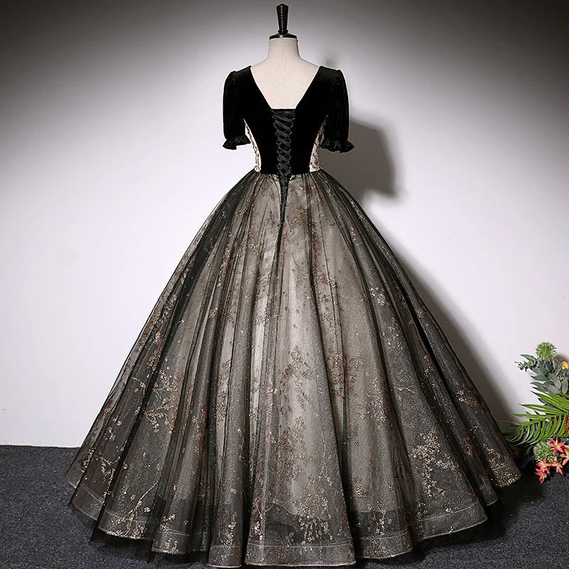 Regal Black Velvet Puff Short Sleeve V-neck Gold Lace Appliqué Glitter Tulle Ball Gown Floor-length Evening Dresses