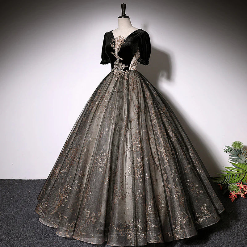 Regal Black Velvet Puff Short Sleeve V-neck Gold Lace Appliqué Glitter Tulle Ball Gown Floor-length Evening Dresses
