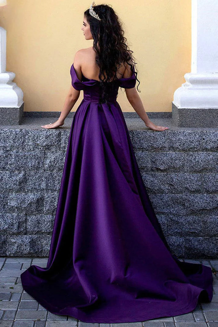 Regal Purple Off-the-shoulder Sweetheart Neck Satin A-line Floor-length Train Evening Dresses