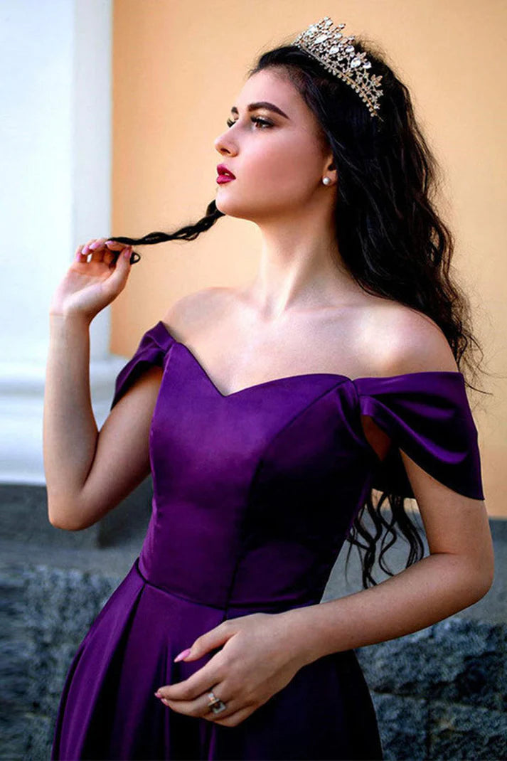 Regal Purple Off-the-shoulder Sweetheart Neck Satin A-line Floor-length Train Evening Dresses