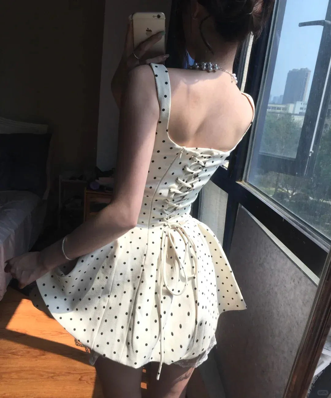 Retro A-Line Square-Neck Lace-Up-Back Polka-Dot Mini Homecoming Dress