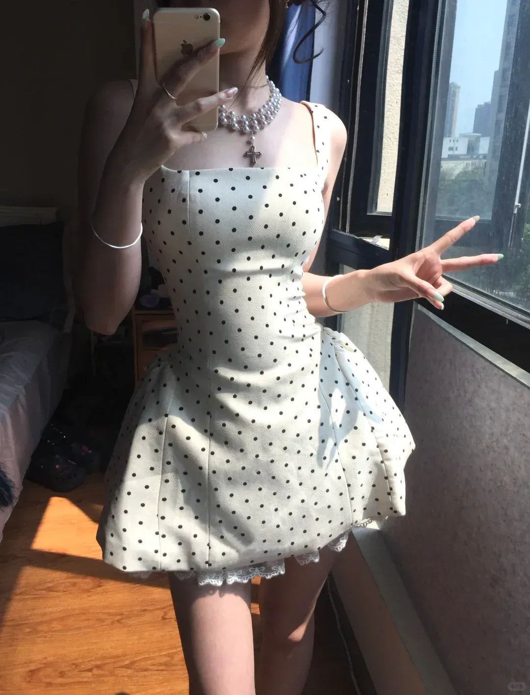 Retro A-Line Square-Neck Lace-Up-Back Polka-Dot Mini Homecoming Dress