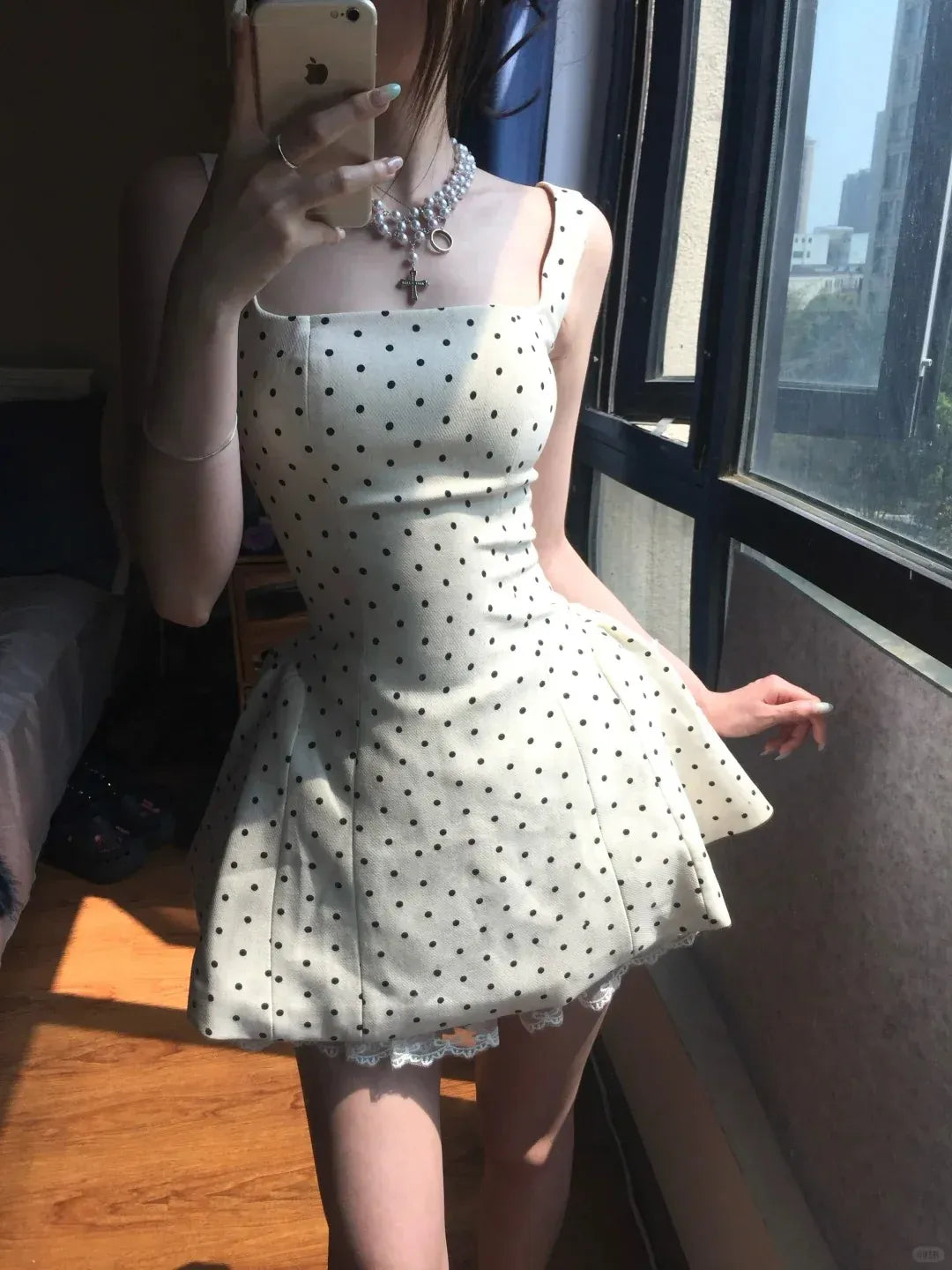 Retro A-Line Square-Neck Lace-Up-Back Polka-Dot Mini Homecoming Dress