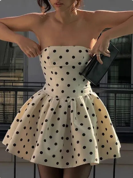 Retro A-Line Strapless Polka-Dot Bow-Back Mini Homecoming Dress