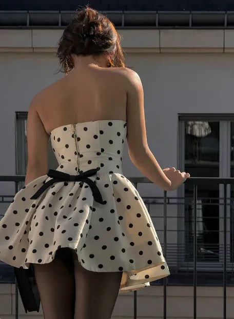 Retro A-Line Strapless Polka-Dot Bow-Back Mini Homecoming Dress