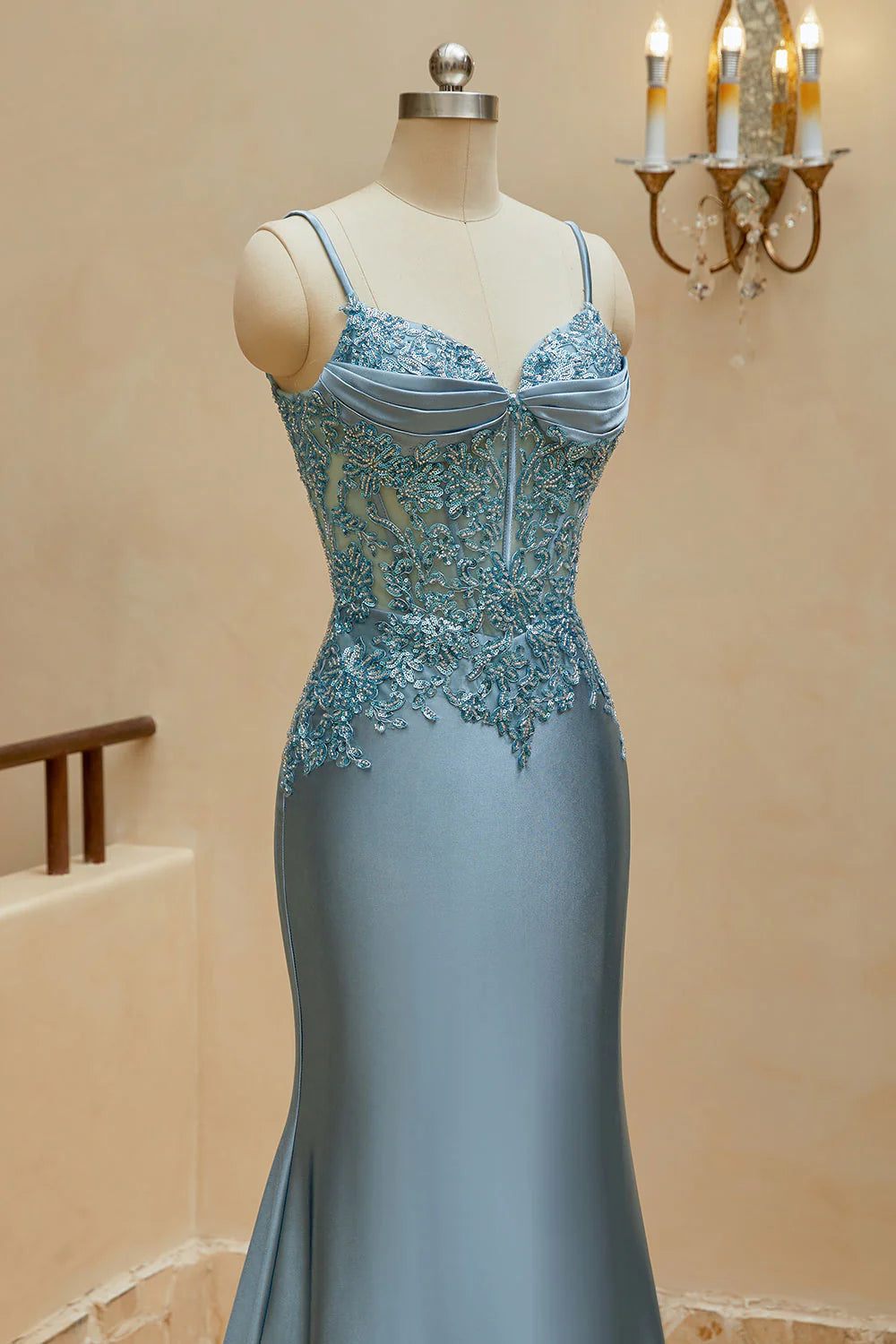 Meerjungfrau Spaghettiträger Ballkleider Satin &amp; Spitze Sweep/Pinsel zug