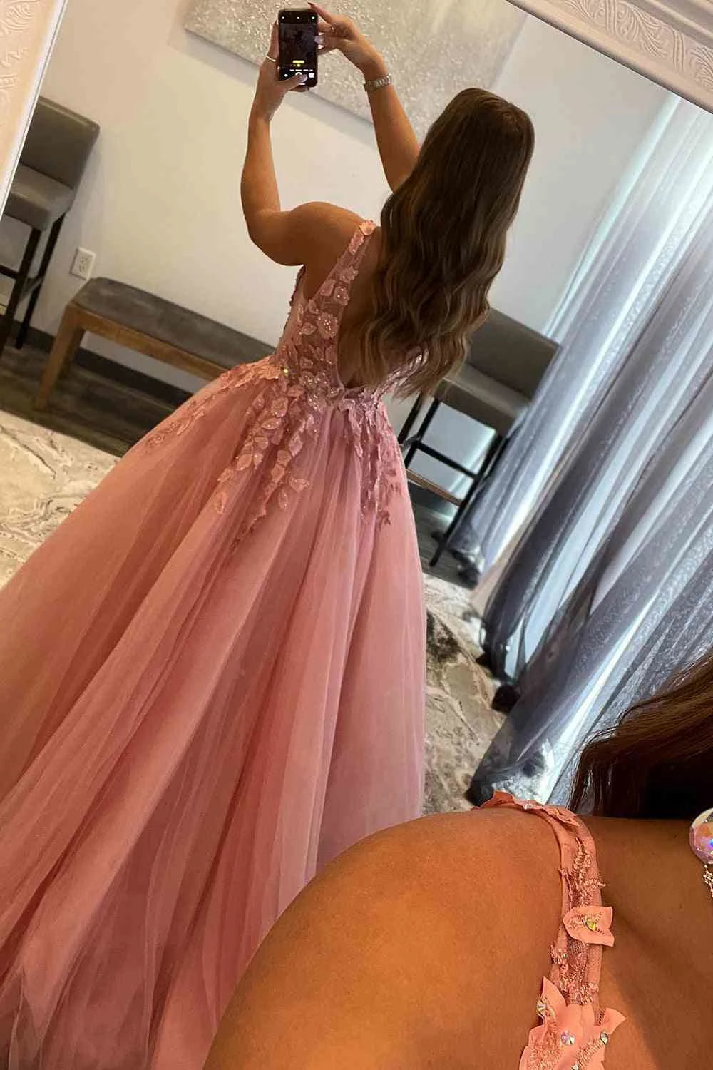 Romantic Ballgown Deep V Sleeveless Open Back Floor Length Prom Dress