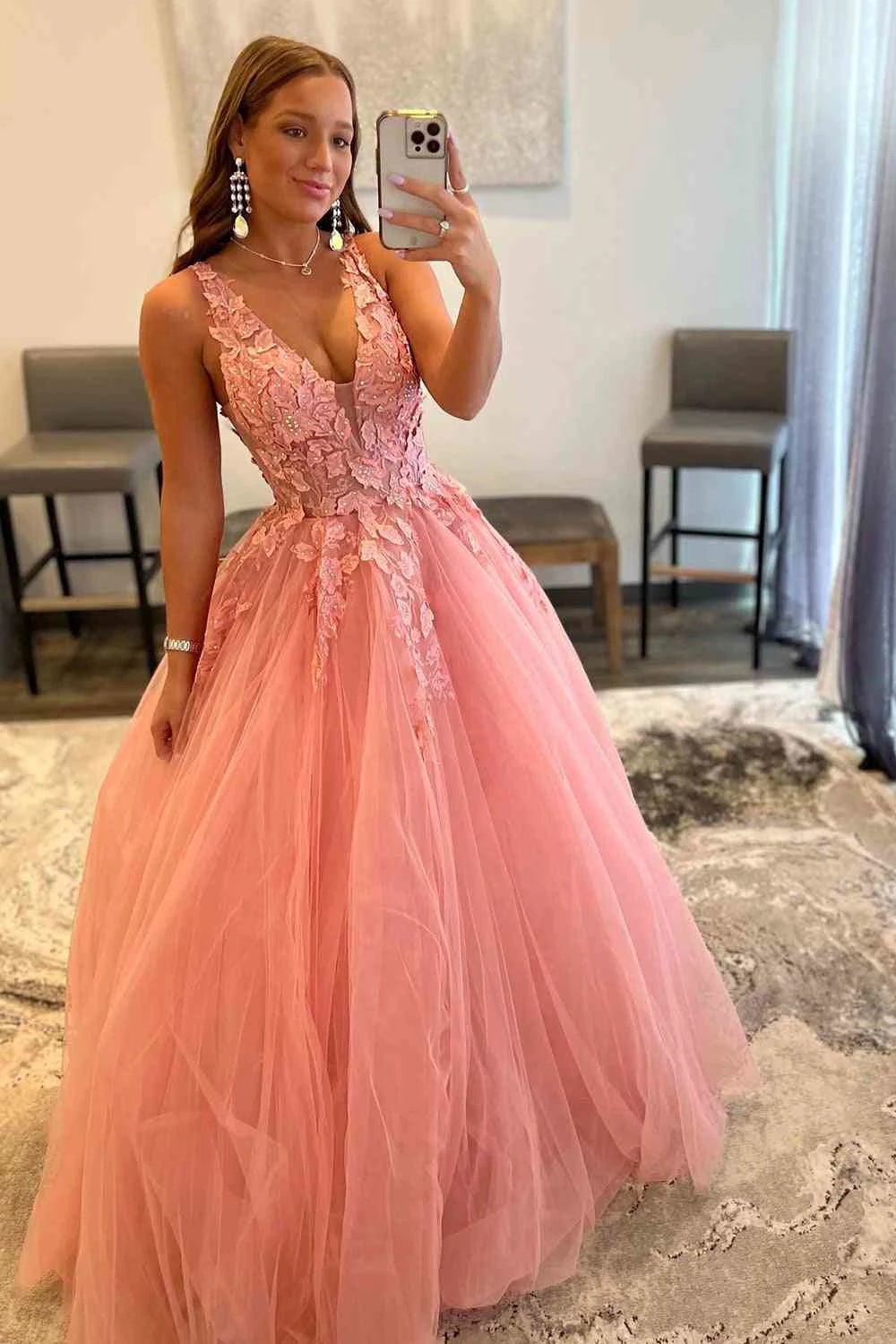 Romantic Ballgown Deep V Sleeveless Open Back Floor Length Prom Dress