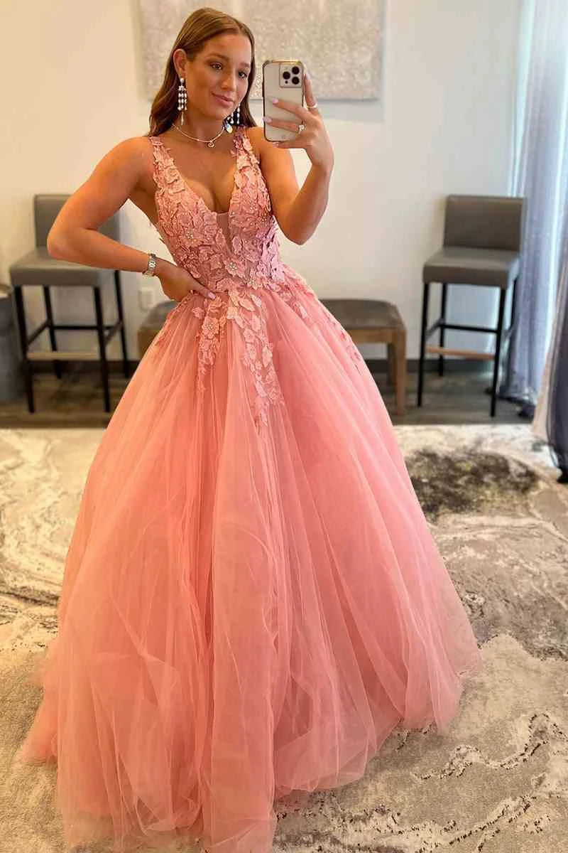 Romantic Ballgown Deep V Sleeveless Open Back Floor Length Prom Dress