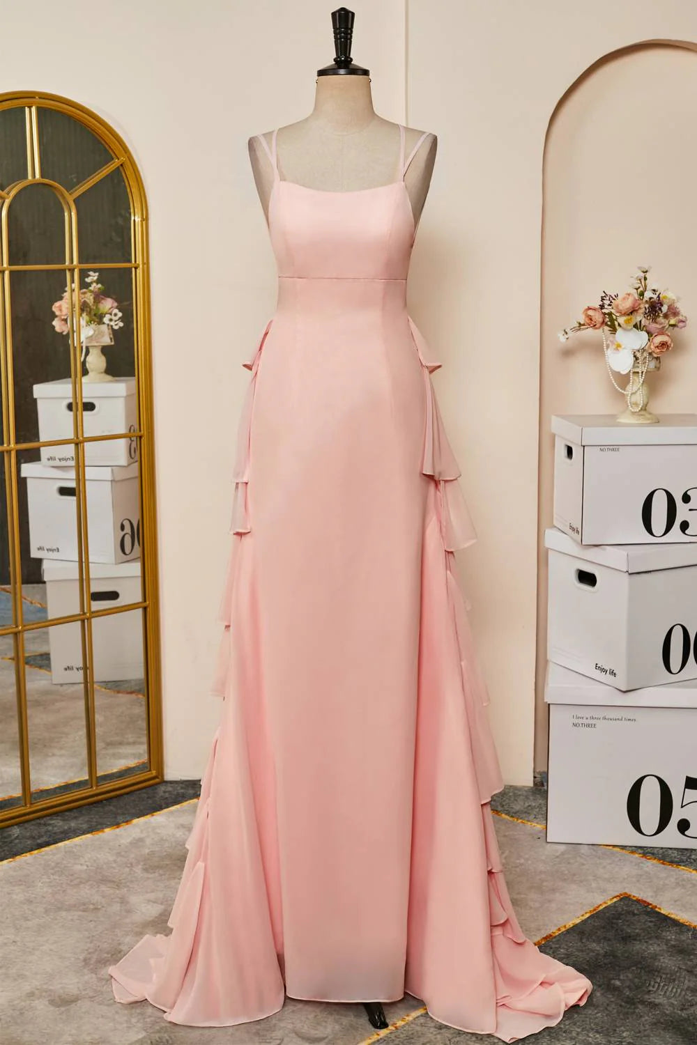 Romantic Mermaid Square-Neck Spaghetti-Strap Tiered Chiffon Floor-Length Prom Dress