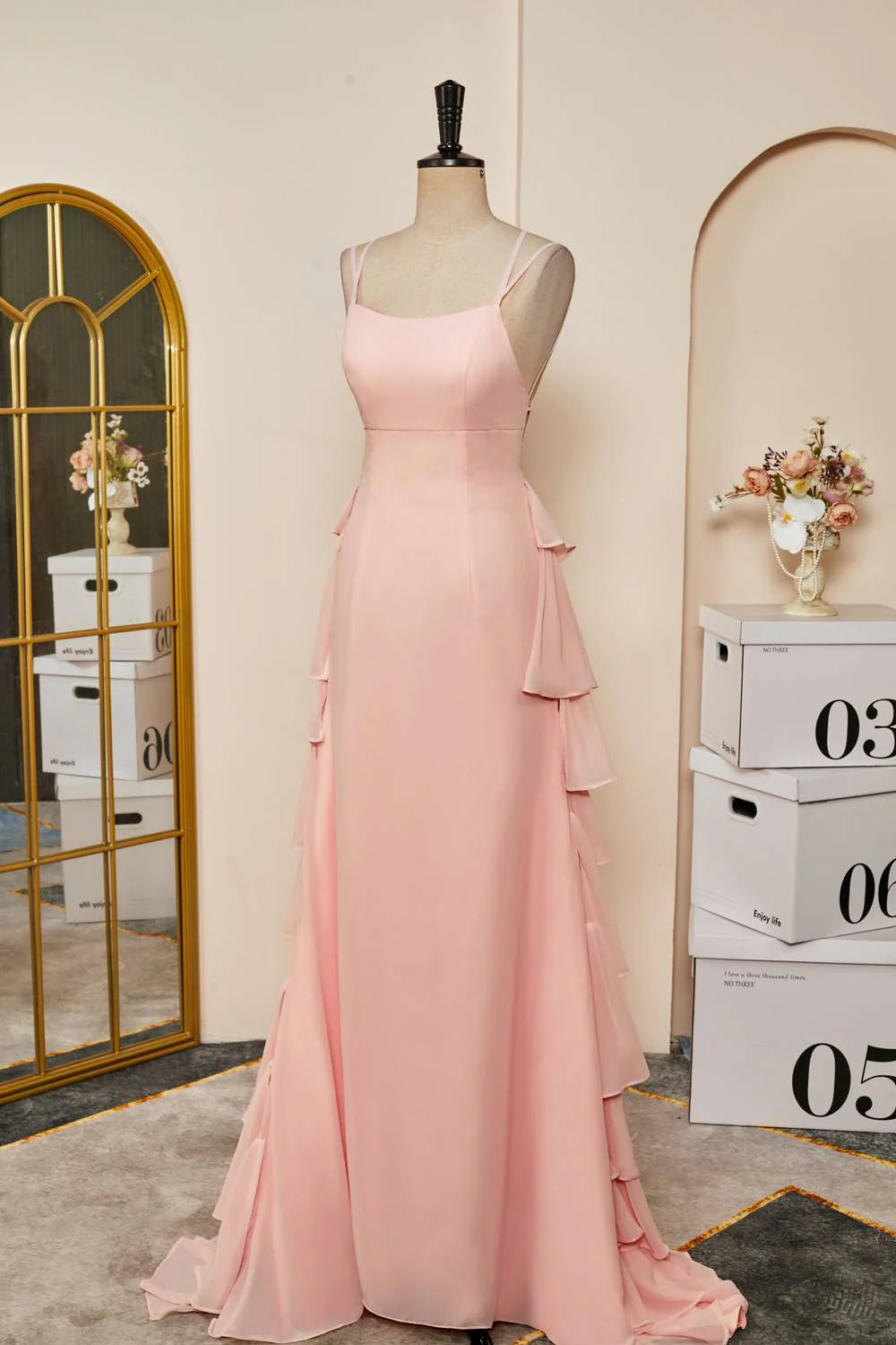 Romantic Mermaid Square-Neck Spaghetti-Strap Tiered Chiffon Floor-Length Prom Dress