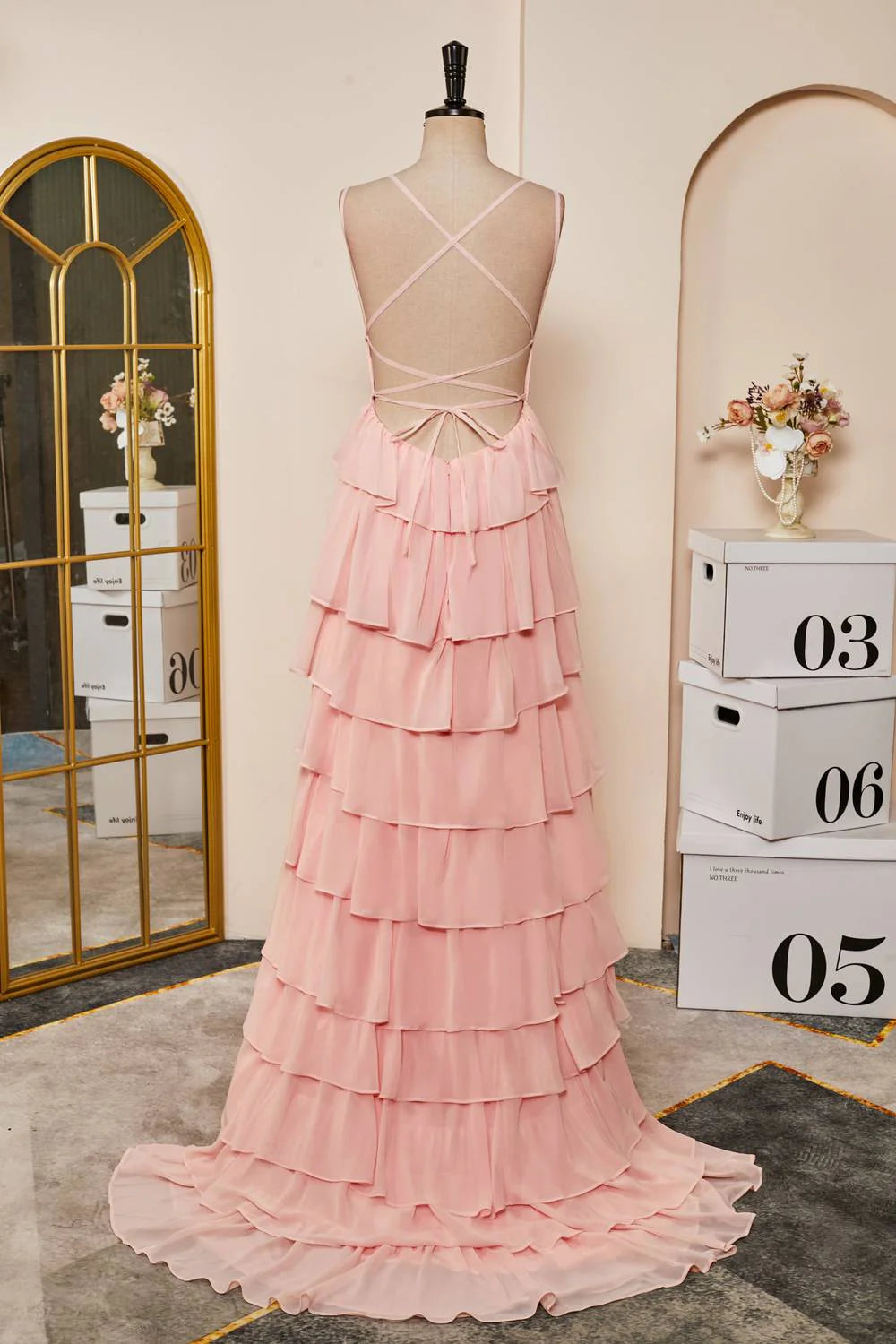 Romantic Mermaid Square-Neck Spaghetti-Strap Tiered Chiffon Floor-Length Prom Dress