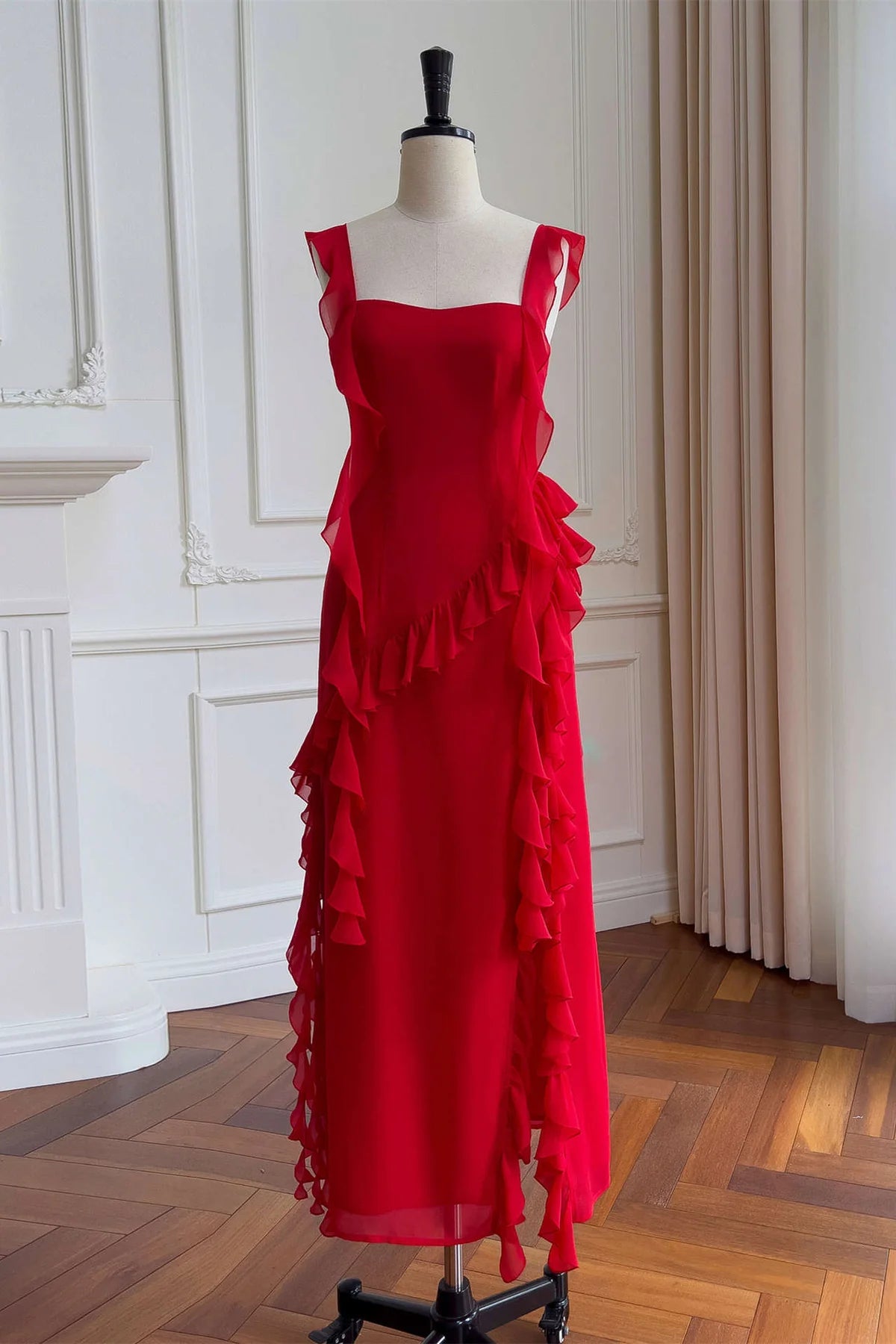 Romantic Sheath Square-Neck Sleeveless Ruffled Chiffon Midi Evening Dress