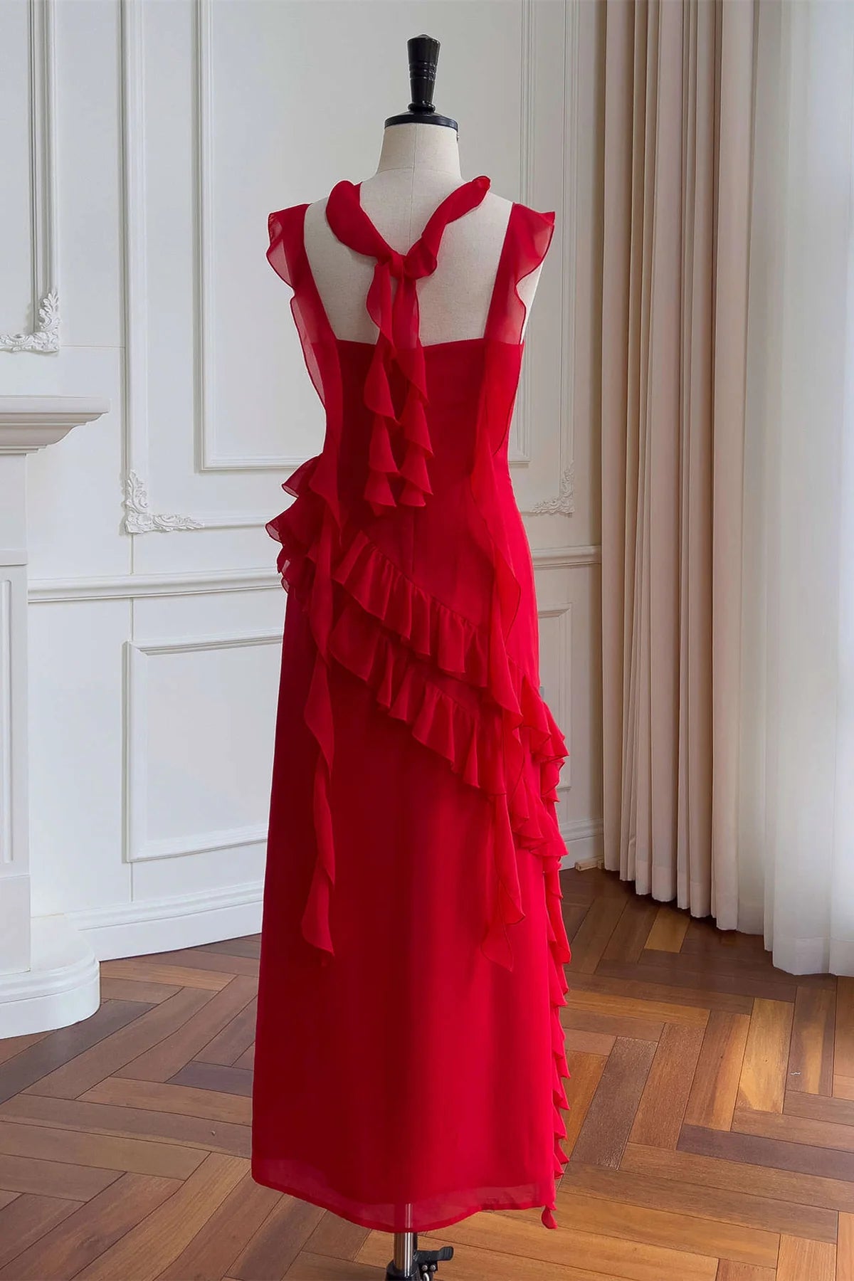 Romantic Sheath Square-Neck Sleeveless Ruffled Chiffon Midi Evening Dress