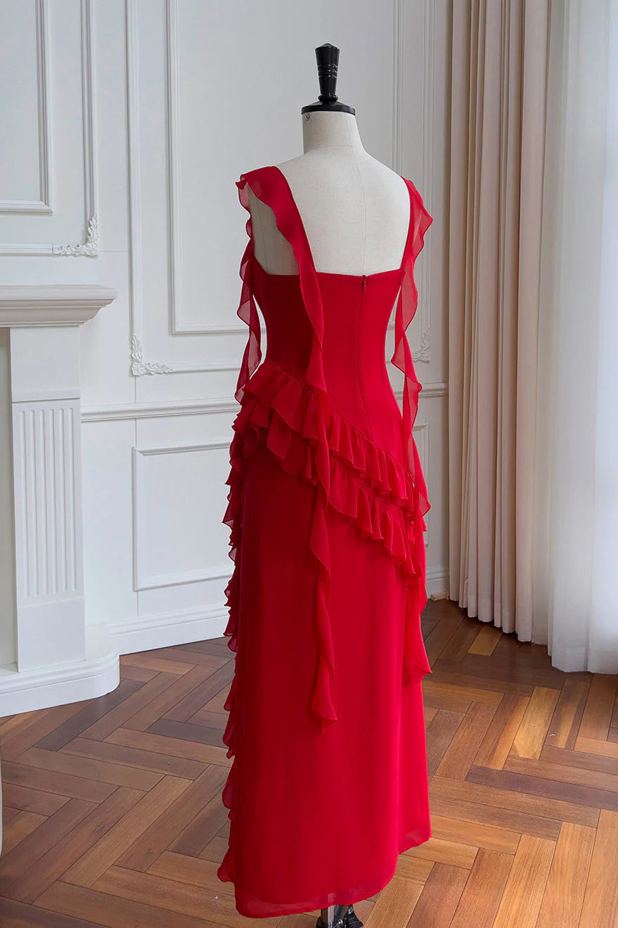 Romantic Sheath Square-Neck Sleeveless Ruffled Chiffon Midi Evening Dress