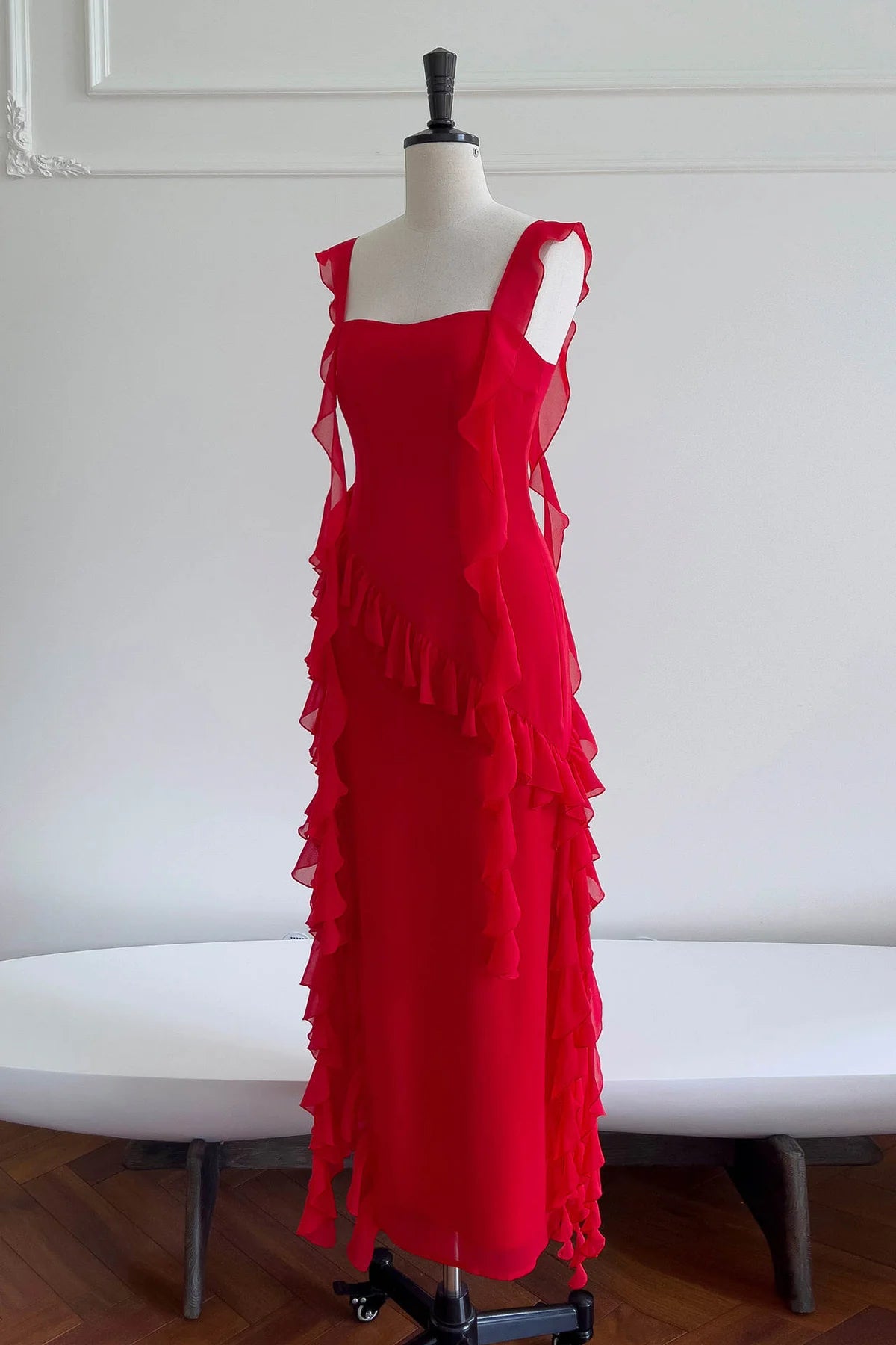Romantic Sheath Square-Neck Sleeveless Ruffled Chiffon Midi Evening Dress