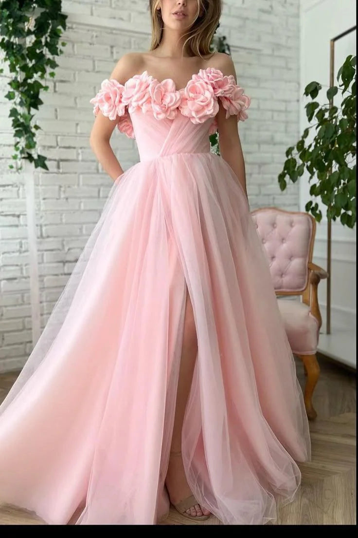 Romantic Ball-Gown Off-the-Shoulder Sleeveless Floral-Appliqué Back Floor-Length Prom Dress