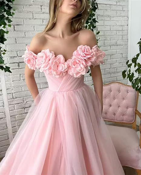 Romantic Ball-Gown Off-the-Shoulder Sleeveless Floral-Appliqué Back Floor-Length Prom Dress