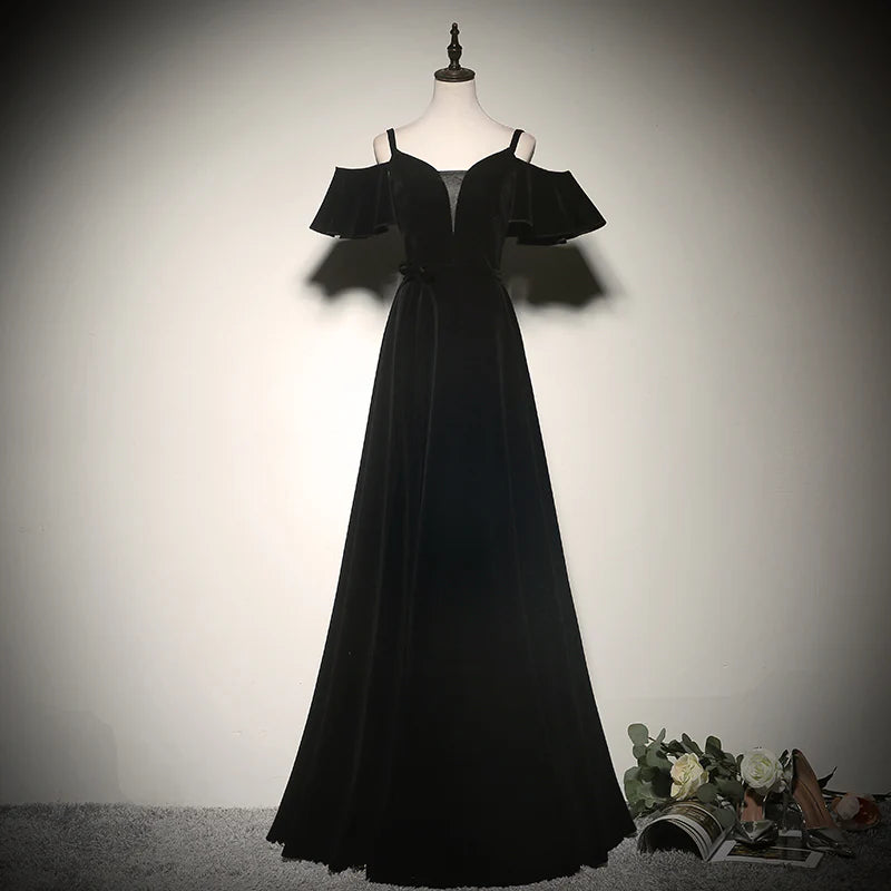 Romantic Black Velvet Off-the-shoulder Sweetheart Neck Illusion V-neck Flutter Sleeve Lace-up Back A-line Floor-length Evening Dresses