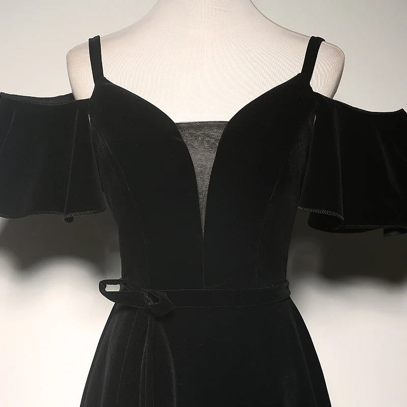 Romantic Black Velvet Off-the-shoulder Sweetheart Neck Illusion V-neck Flutter Sleeve Lace-up Back A-line Floor-length Evening Dresses