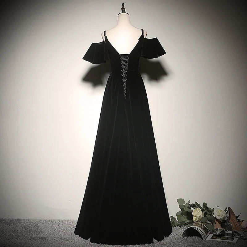 Romantic Black Velvet Off-the-shoulder Sweetheart Neck Illusion V-neck Flutter Sleeve Lace-up Back A-line Floor-length Evening Dresses