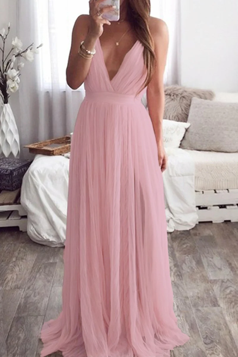 Romantic Blush Pink Chiffon Plunging V-Neck Crisscross-Back A-Line Maxi Evening Dress