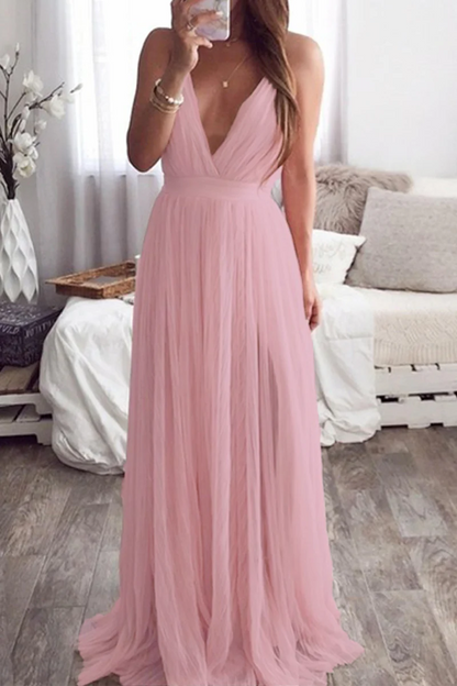 Romantic Blush Pink Chiffon Plunging V-Neck Crisscross-Back A-Line Maxi Evening Dress