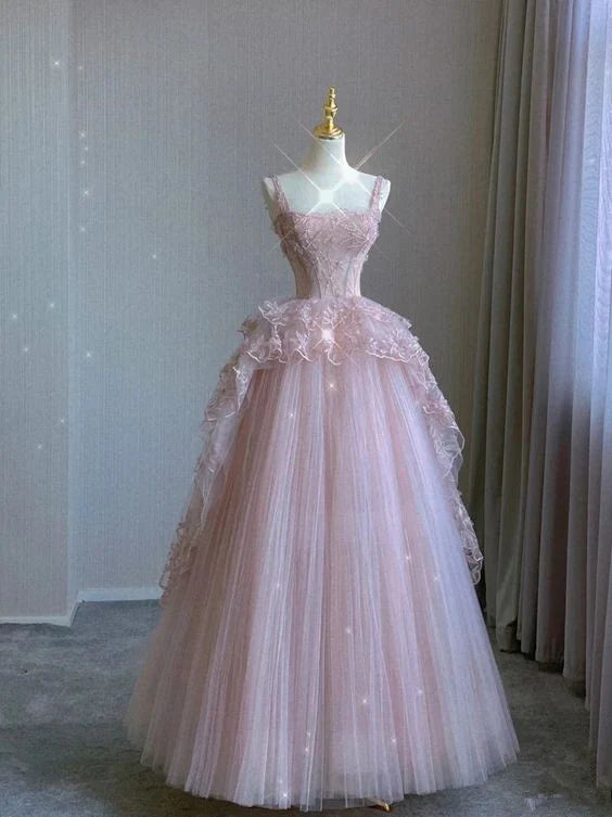 Romantic Blush Pink Lace Applique Tulle Ball Gown Spaghetti Strap Floor-length Evening Dresses
