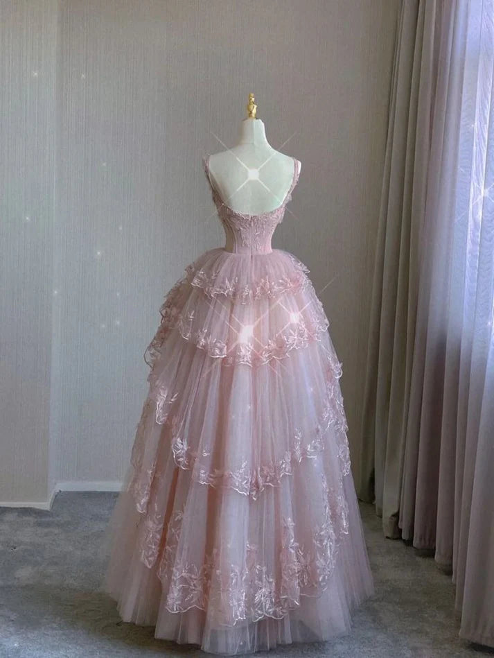 Romantic Blush Pink Lace Applique Tulle Ball Gown Spaghetti Strap Floor-length Evening Dresses