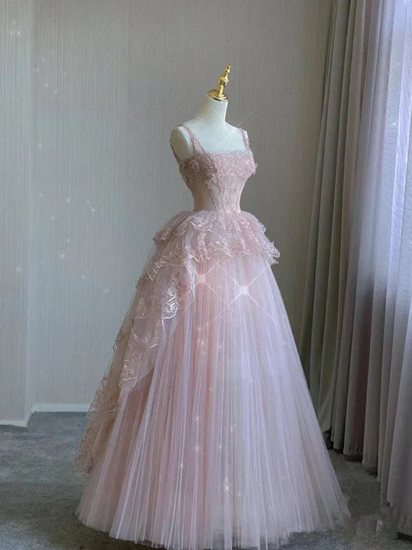 Romantic Blush Pink Lace Applique Tulle Ball Gown Spaghetti Strap Floor-length Evening Dresses