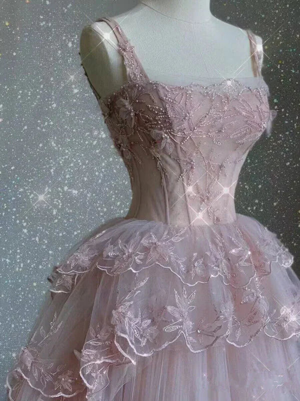 Romantic Blush Pink Lace Applique Tulle Ball Gown Spaghetti Strap Floor-length Evening Dresses