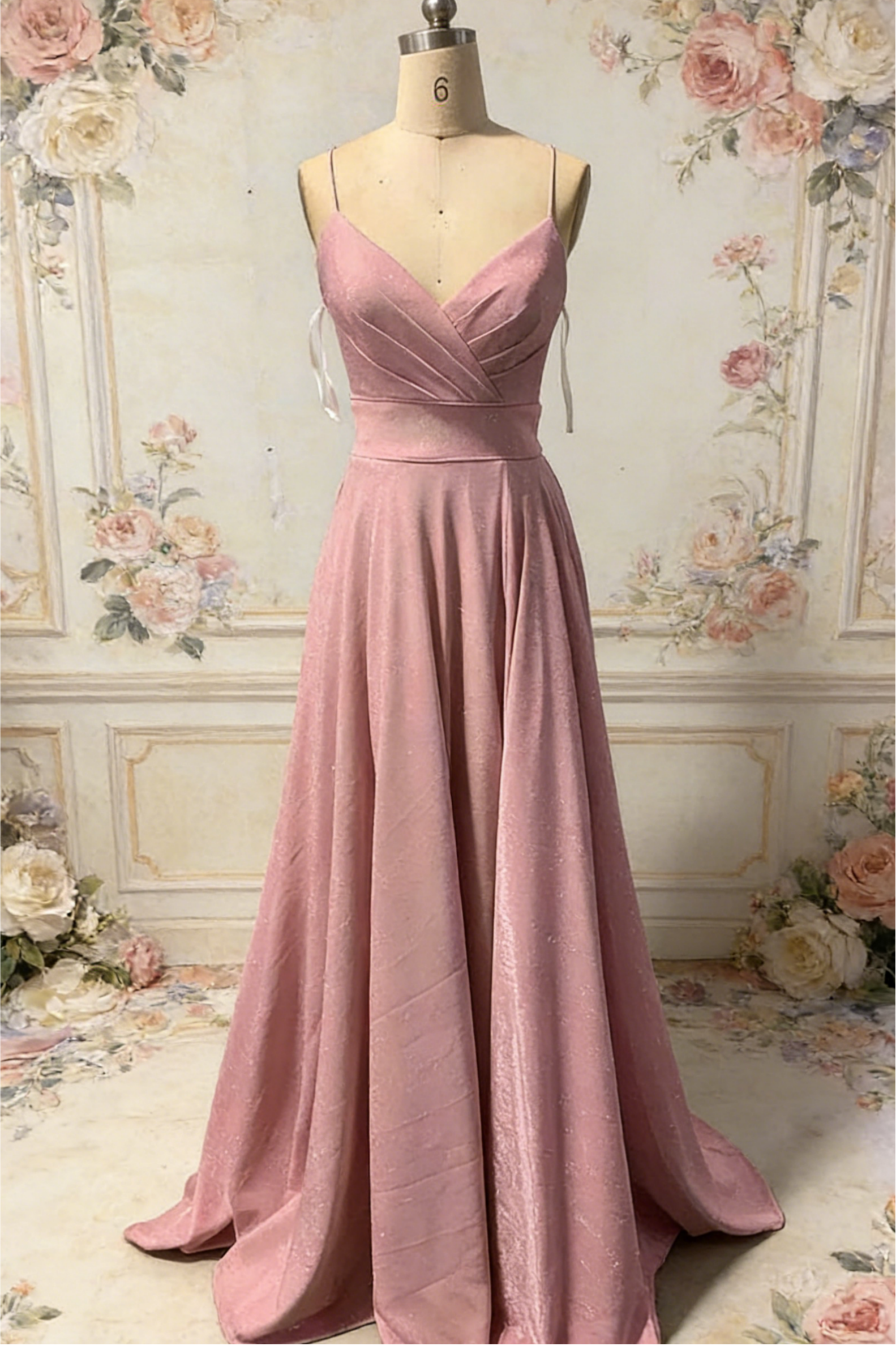 Romantic Blush Pink Spaghetti Strap Plunge V-neck Crisscross Lace-up Back Glitter Satin A-line Floor-length Train Evening Dresses