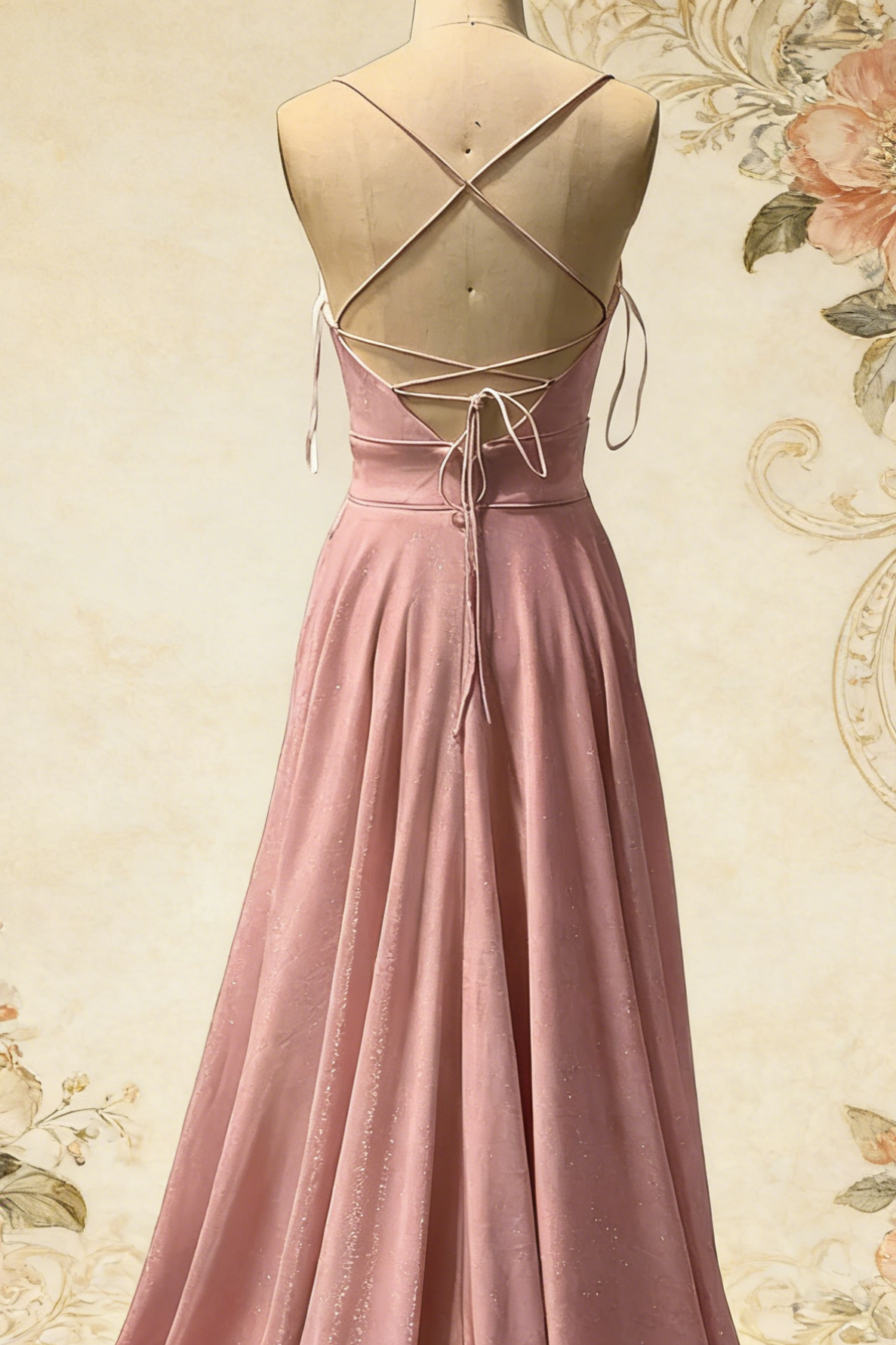 Romantic Blush Pink Spaghetti Strap Plunge V-neck Crisscross Lace-up Back Glitter Satin A-line Floor-length Train Evening Dresses