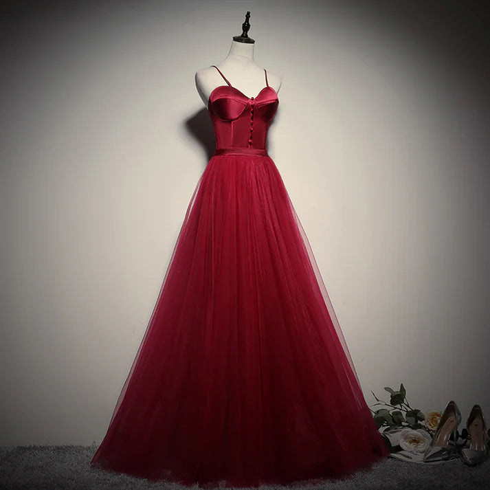 Romantic Burgundy Spaghetti Strap Sweetheart Neck Satin Bodice Tulle A-line Floor-length Evening Dresses