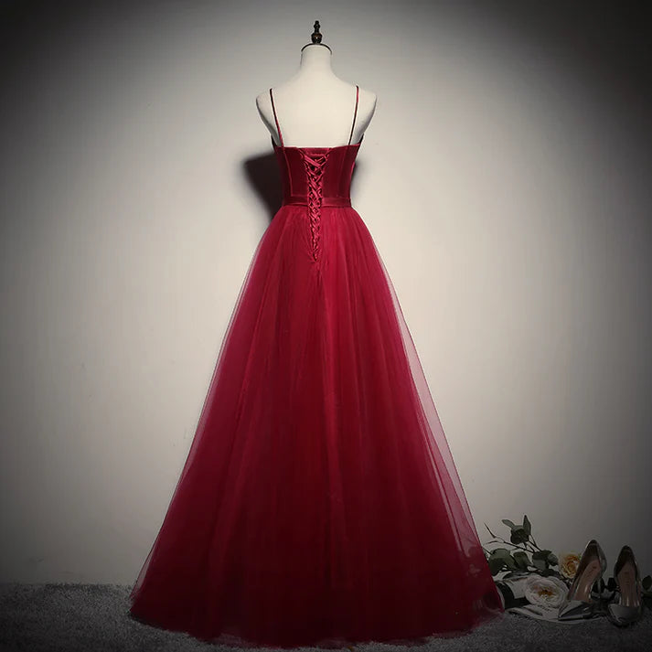 Romantic Burgundy Spaghetti Strap Sweetheart Neck Satin Bodice Tulle A-line Floor-length Evening Dresses