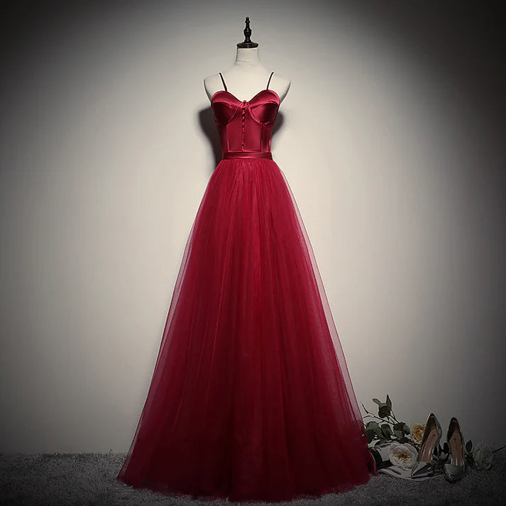 Romantic Burgundy Spaghetti Strap Sweetheart Neck Satin Bodice Tulle A-line Floor-length Evening Dresses