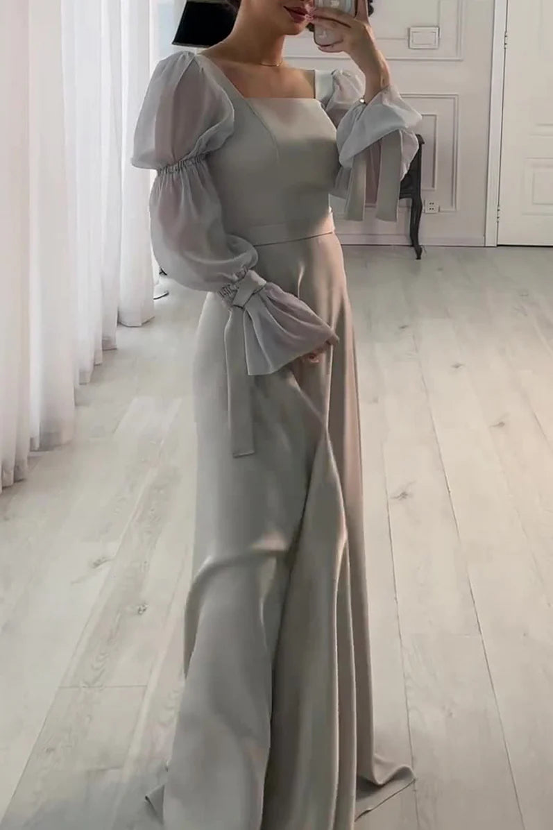 Romantic Dusty Gray Satin Square-Neck Sheer Puff-Sleeve A-Line Maxi Evening Dress