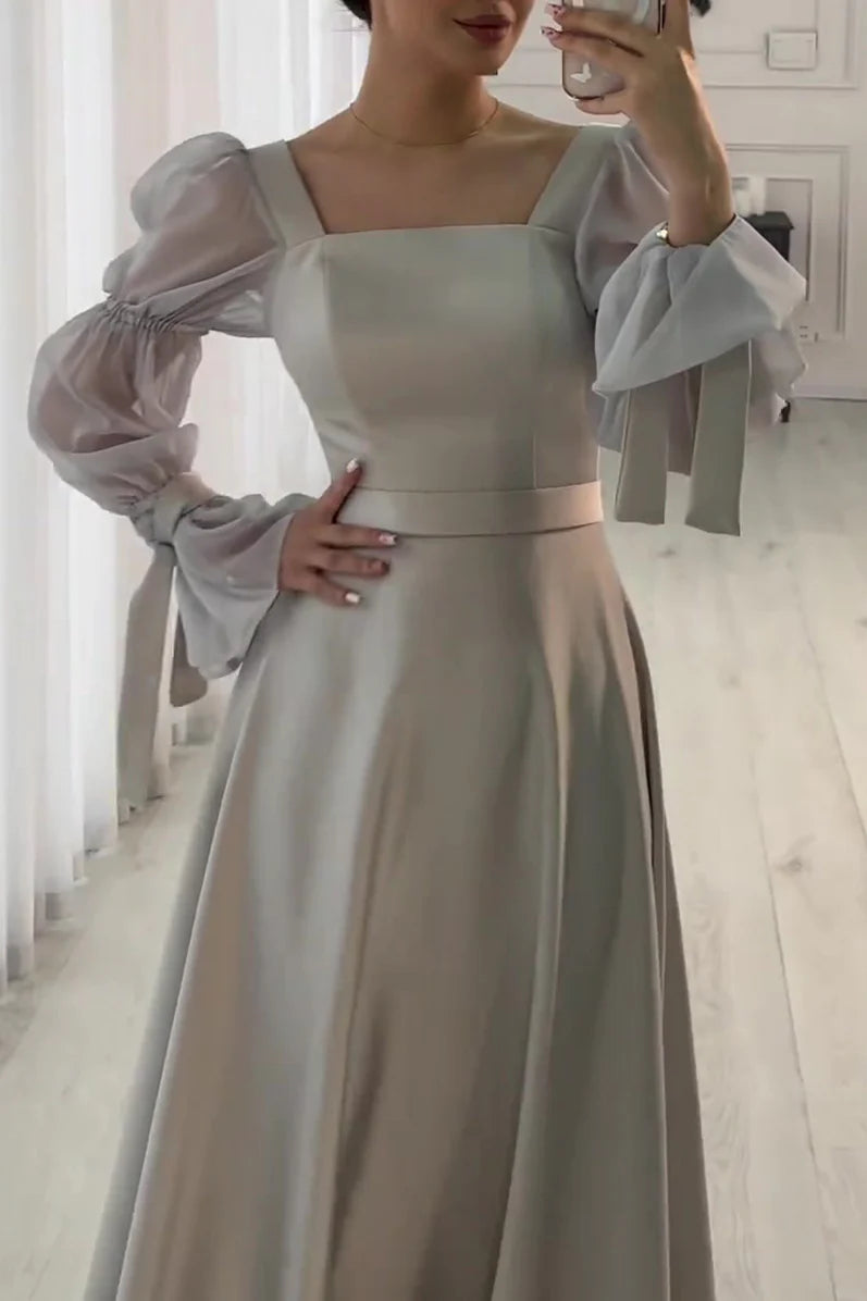 Romantic Dusty Gray Satin Square-Neck Sheer Puff-Sleeve A-Line Maxi Evening Dress