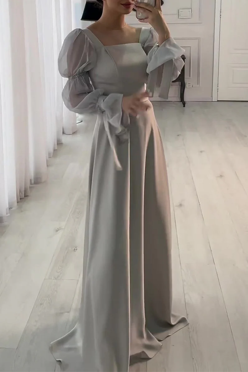 Romantic Dusty Gray Satin Square-Neck Sheer Puff-Sleeve A-Line Maxi Evening Dress