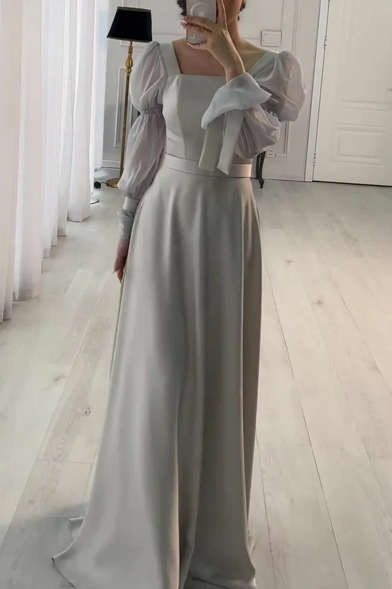 Romantic Dusty Gray Satin Square-Neck Sheer Puff-Sleeve A-Line Maxi Evening Dress