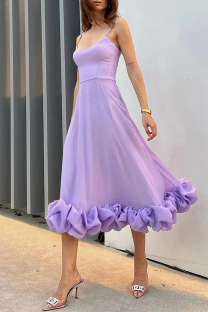 Romantic Lavender Spaghetti-Strap Ruffled Midi Evening Dress