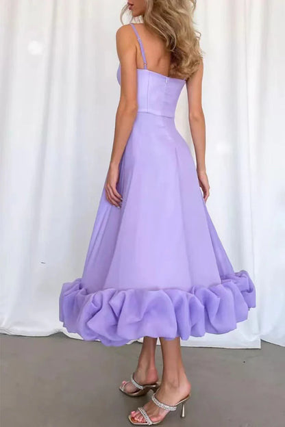 Romantic Lavender Spaghetti-Strap Ruffled Midi Evening Dress