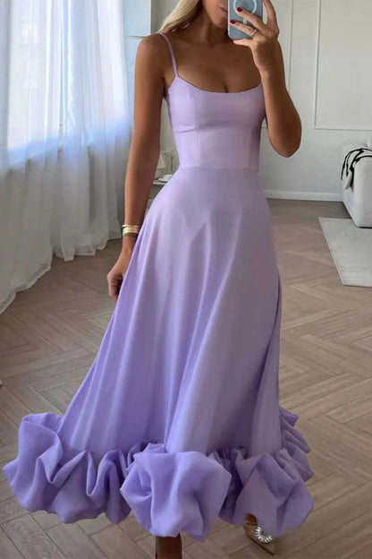 Romantic Lavender Spaghetti-Strap Ruffled Midi Evening Dress