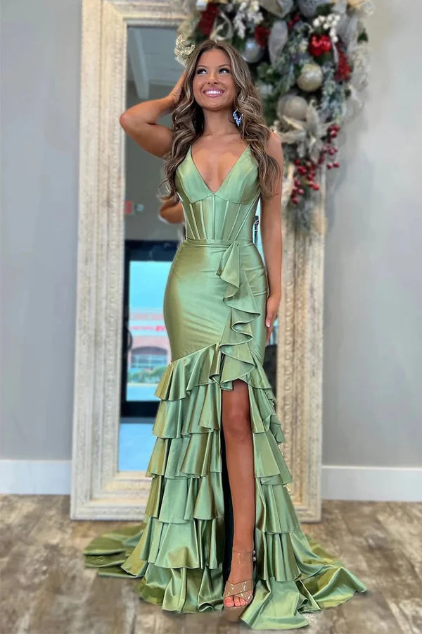 Romantic Prom Dress with V-Neckline, Corset Bodice and Tiered Ruffle Skirt