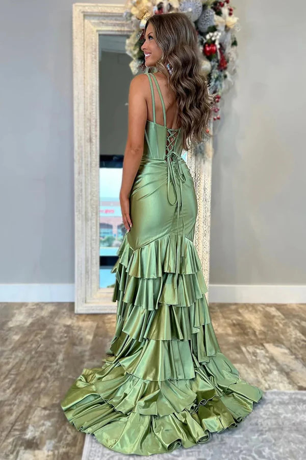 Romantic Prom Dress with V-Neckline, Corset Bodice and Tiered Ruffle Skirt